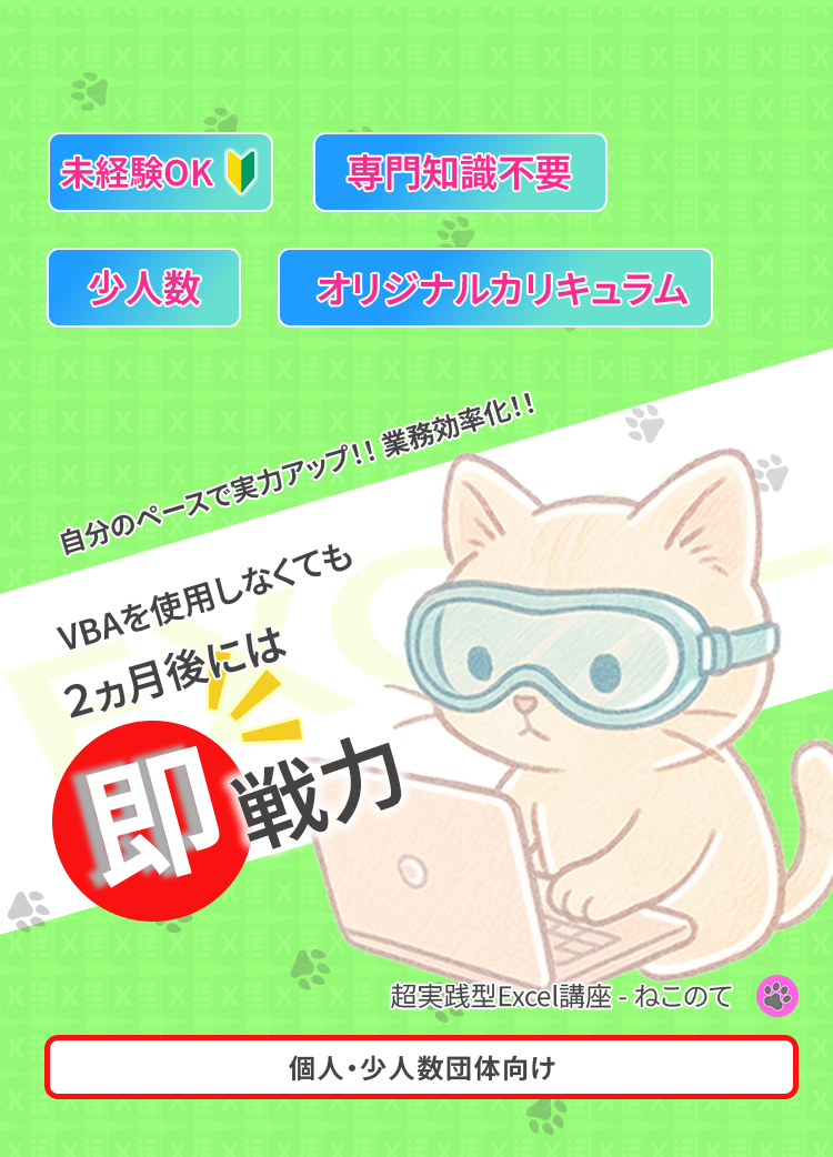 超実践型Excel講座 ねこのて 未経験OK・専門知識不要・少人数・オリジナルカリキュラム VBAを使用しなくても2ヶ月後には即戦力 個人・少人数団体向け